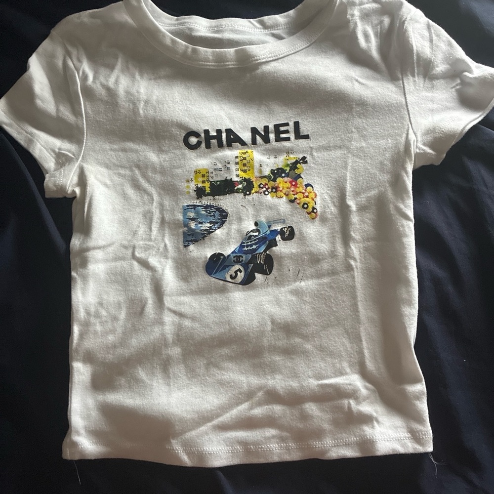 CC White Tee with Blue Racing Graphic and Yellow Accents